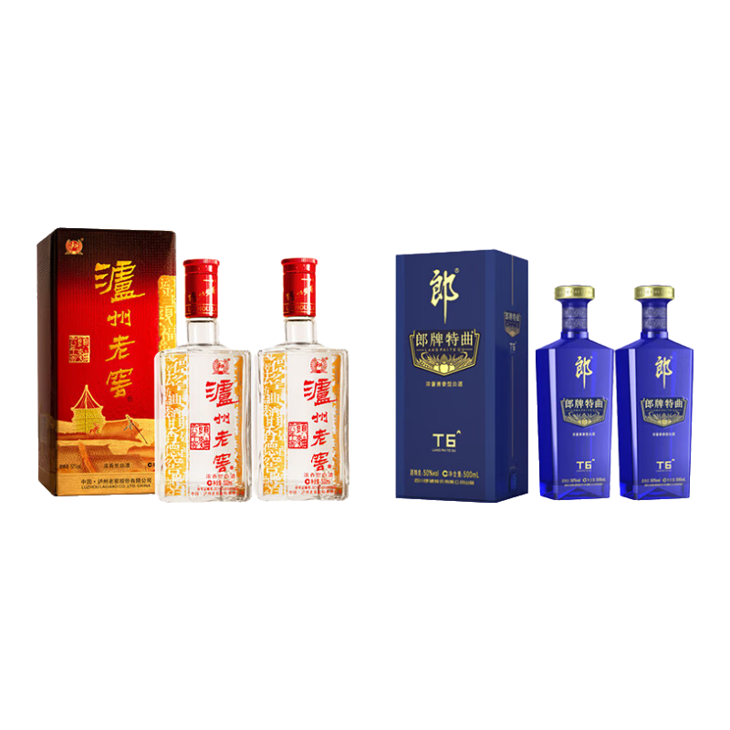 泸州老窖 六年窖头曲52度500ml*2瓶+郎牌特曲50度500ml*2瓶 白酒组合装 268元（需