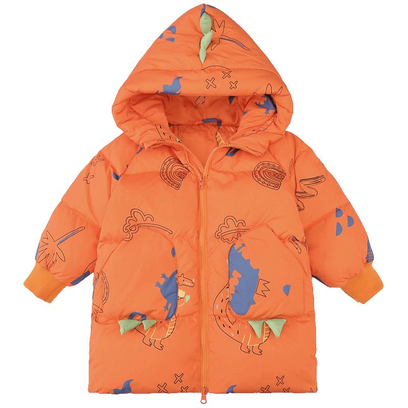 鸭鸭羽绒服 鸭鸭2024冬装男童中长款羽绒服小童印花加厚外套 橘色 100 269元