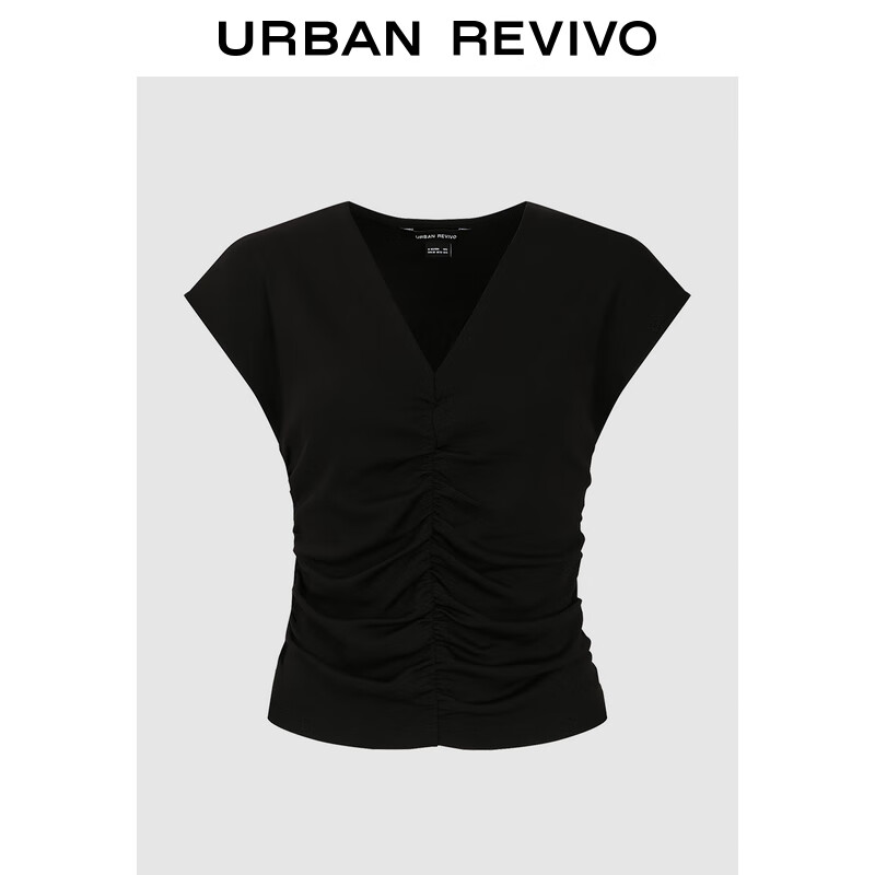 URBAN REVIVO UR2024秋季女装时尚魅力侧腰褶皱V领短袖T恤UWG440149 正黑 L 139元（需