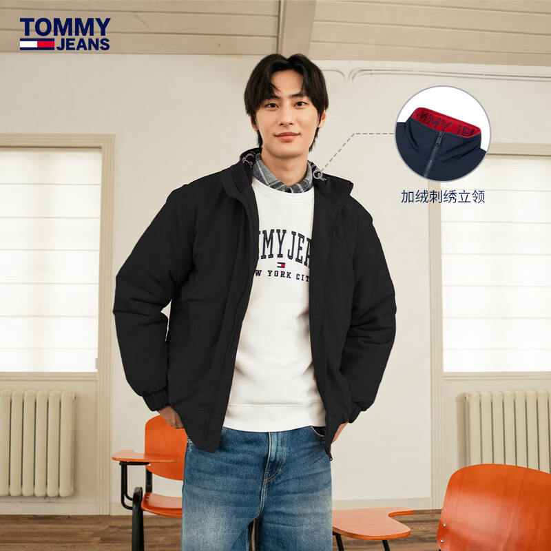 TOMMY JEANS 24秋冬男潮流复古刺绣宽松立领短款铺棉夹克DM0DM19661 黑色BDS L 1630