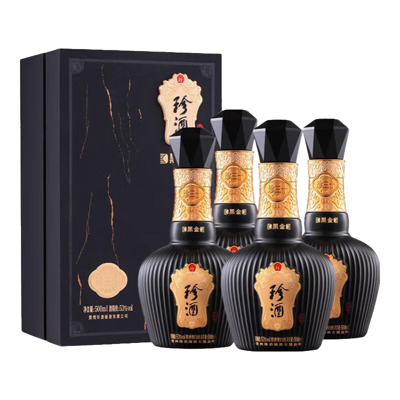 PLUS会员：珍酒 珍三十 黑金版 酱香型白酒 53度 500ml*4瓶 3656元包邮（需用券