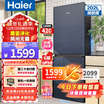Haier 海尔 BCD-202WGHC290B9 风冷双门冰箱 202L 星石蓝 1229元（需用券）