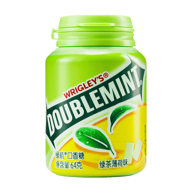 pLus会员、需首购:绿箭(DOUBLEMINT)口香糖 绿茶薄荷味约40粒/瓶 零食糖果 口气