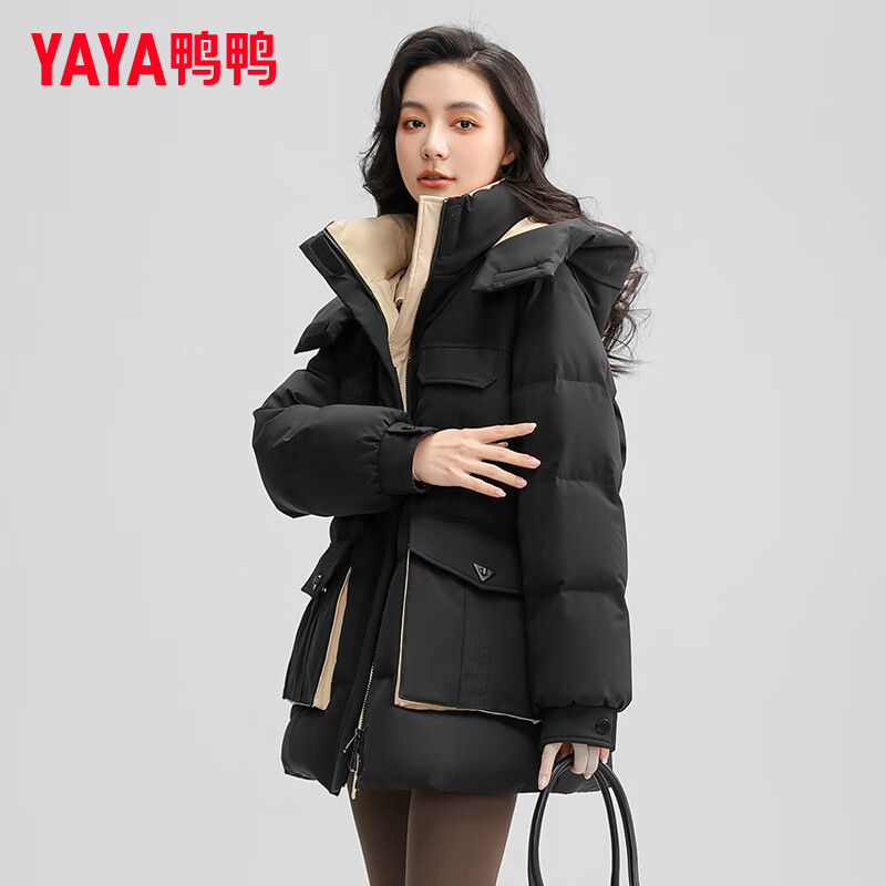 鸭鸭羽绒服 羽绒服女中长款2023年冬季新款时尚拼接连帽休闲保暖外套MY 黑