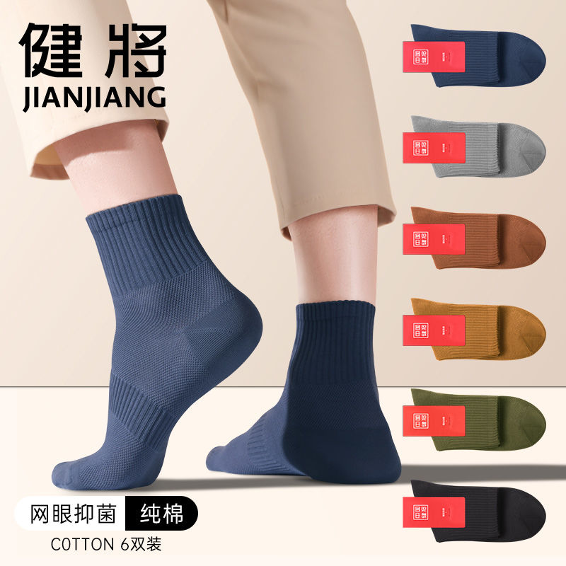 JianJiang 健将 男士袜子纯棉网眼抑菌中袜薄款潮流中筒百搭运动防臭男袜正