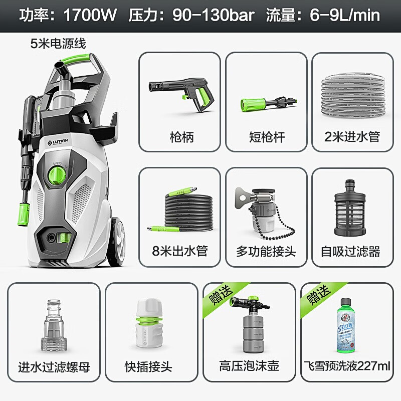 LUTIAN 绿田 悟空G4C 电动洗车器 1700W 旗舰款-8米出水管+壶+洗车液 229元（前5分