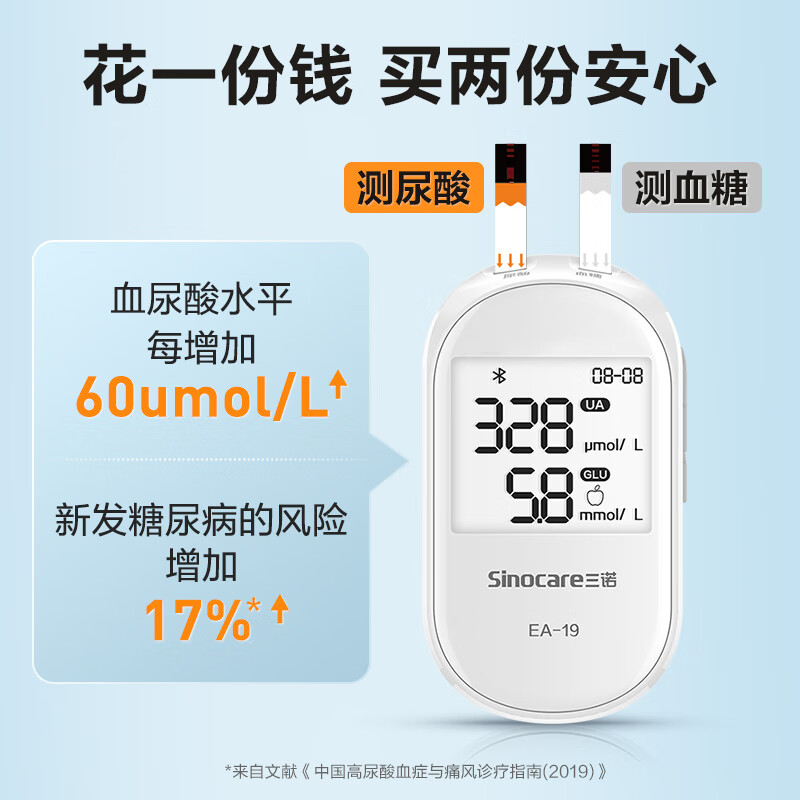 值选：Sinocare 三诺 EA-19尿酸测试仪血糖仪一体机【仪器+100尿酸100血糖】加赠