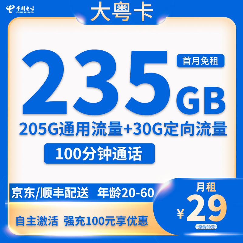 中国电信 大粤卡 2年29元/月（235G全国流量+100分钟通话+自主激活）激活送20