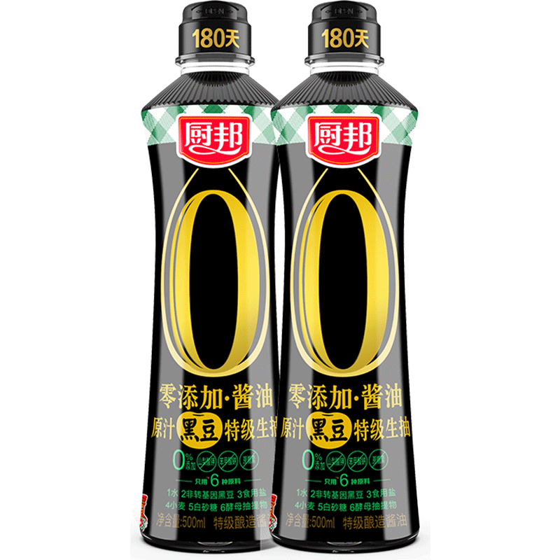 88VIP：厨邦 零添加原汁黑豆特级生抽 500mL*2瓶 12.1元包邮（多重优惠）