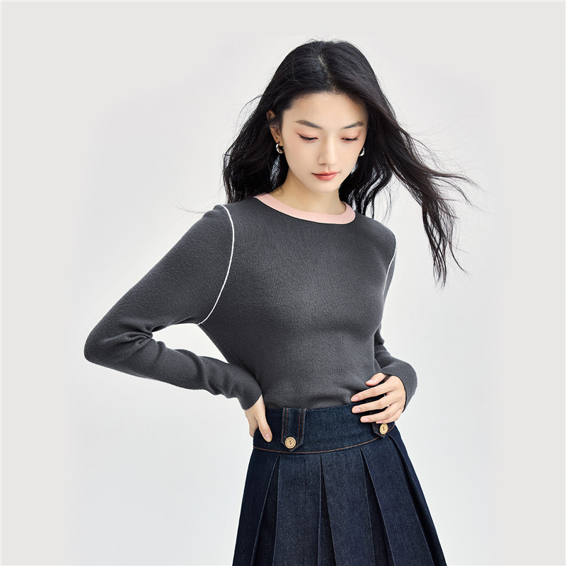 佐丹奴 针织衫女装撞色圆领毛织套头针织衫 18354502 79.9元