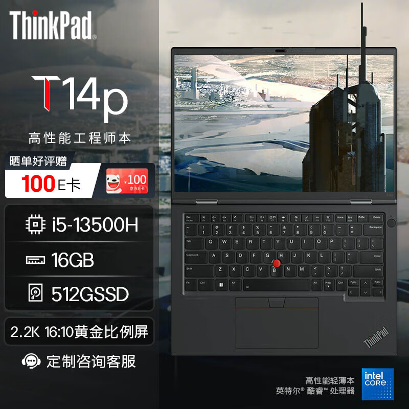 ThinkPad T14p 14英寸商务办公轻薄笔记本高性能标压(酷睿i5-13500H 16G 512G 2.2K屏)