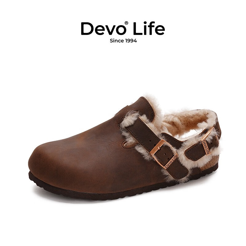 PLUS会员：Devo 的沃 半包加绒加毛外穿木拖鞋 23007 深棕油蜡皮+沃黄毛 36 376.51