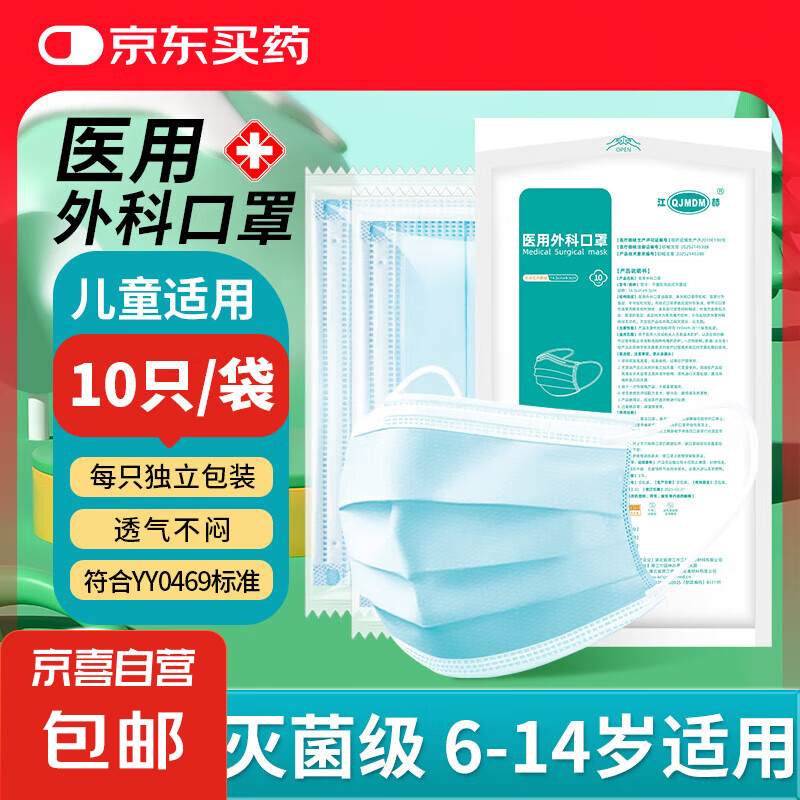 京喜 儿童款医用外科口罩 灭菌级10只/袋舒适透气三层防护 3袋共30只 灭菌级 14.5 2.59元(需用券)