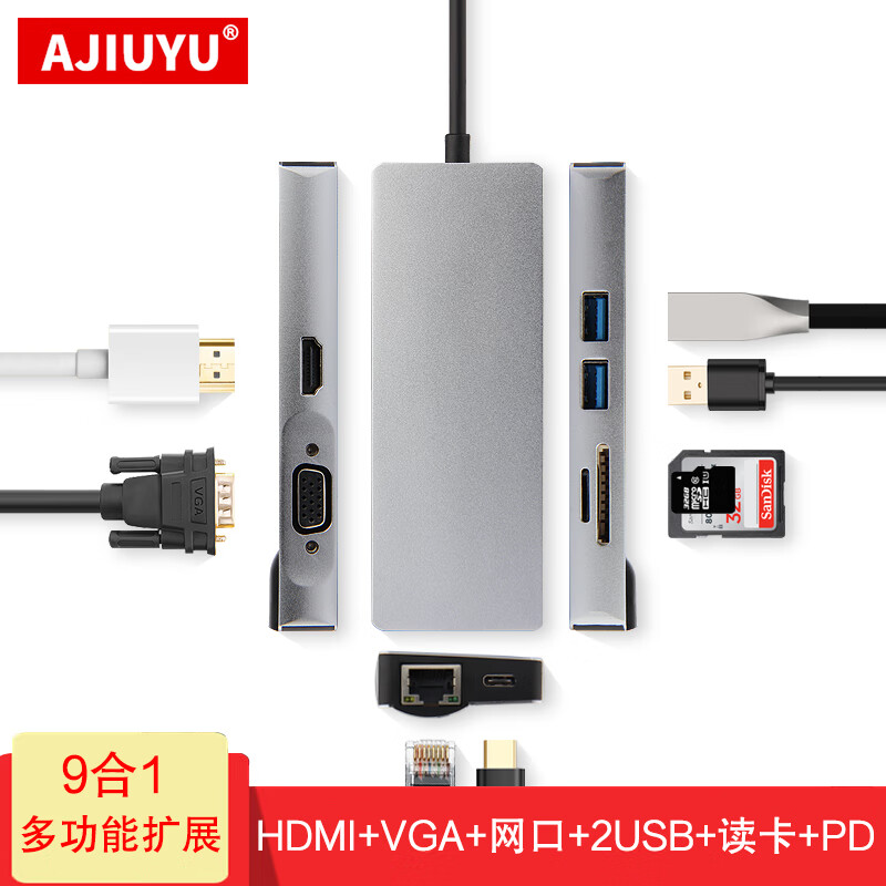 AJIUYU Type-c扩展坞适用于Asus华硕笔记本USB-C转换器拓展VGA/HDMI投影仪千兆网口