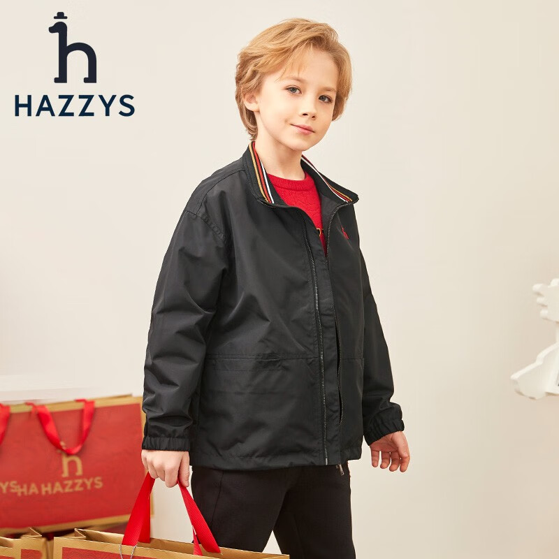 HAZZYS 哈吉斯 品牌童装男童外套春新品新春系列翻领时尚外套夹克 钻石黑 130