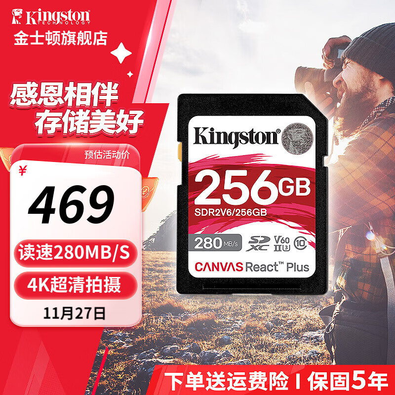 Kingston 金士顿 SD卡相机内存卡单反微单相机存储卡 v60 256GB 429元（需用券）