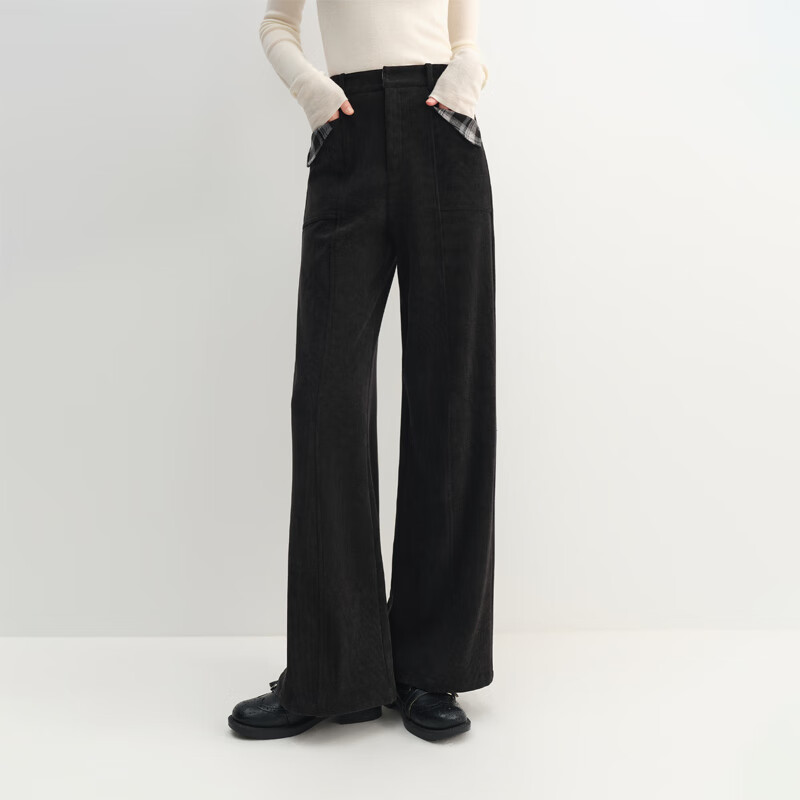 范思蓝恩 高腰灯芯绒条纹直筒裤女2025秋冬树莓紫裤子显瘦4353 黑色 S 120.45元