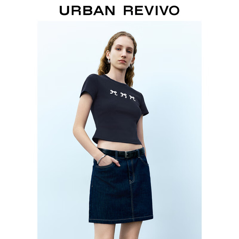 URBAN REVIVO UR2024秋季女装甜美蝴蝶结图案修身正肩短袖T恤UYU440020 藏青 M 139元