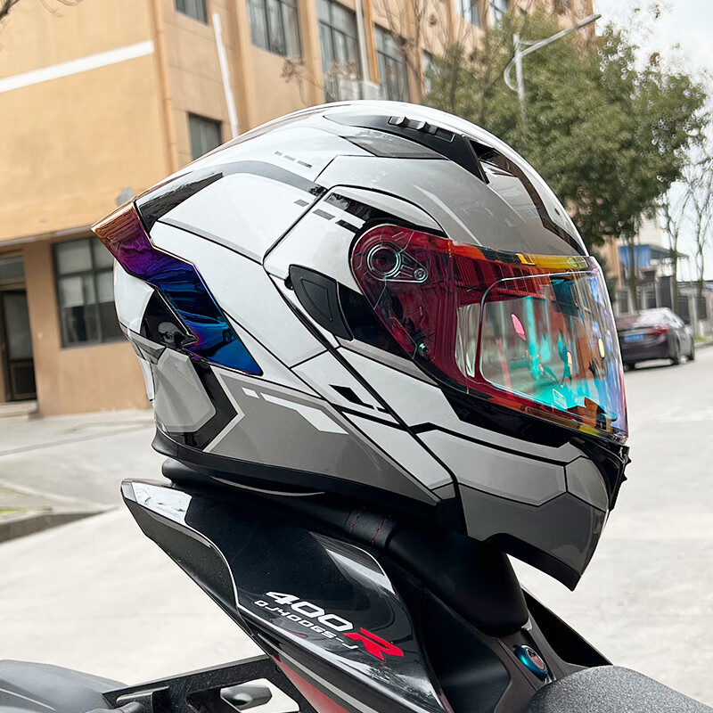 ORZ 摩托车男女揭面盔电动车头盔3C认证新国标双镜个性尾翼半全覆四季 银高
