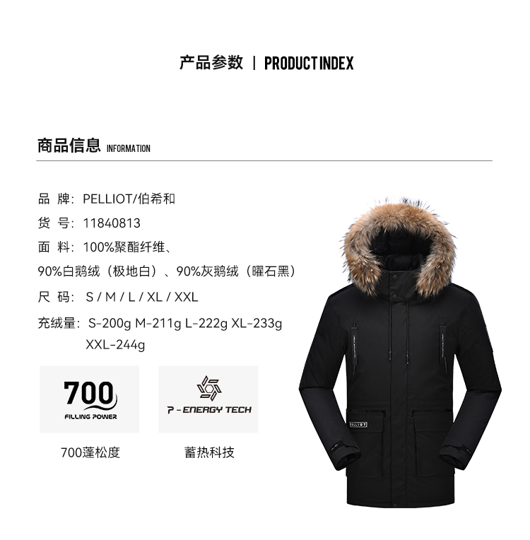 pelliot伯希和男士700蓬白鹅绒貉子毛领中长款连帽派克羽绒服4594元包
