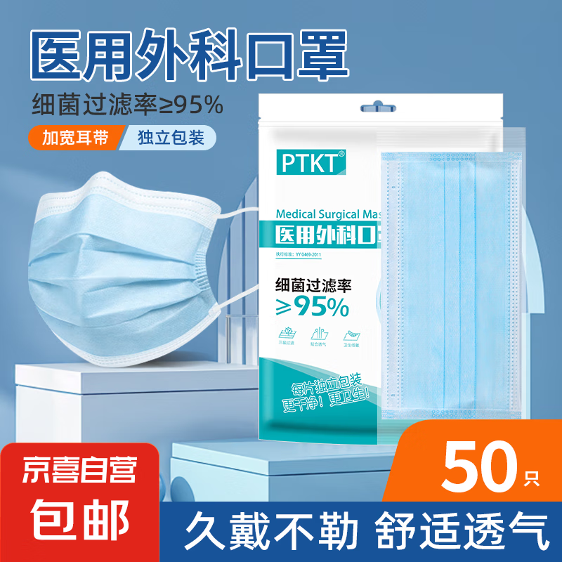 稳健 一次性医用外科口罩薄款透气防花粉防晒防尘加宽耳带三层成人 蓝色50只 0.99元(需用券)