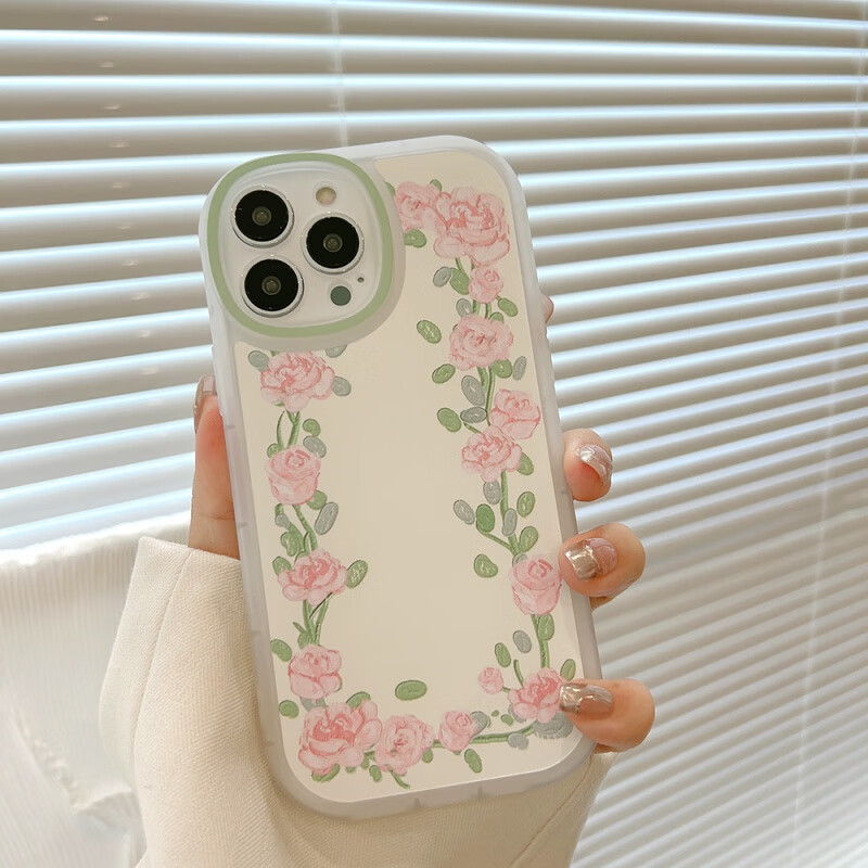 FlowerPig 草莓花朵15适用iphone14pro max苹果11手机壳12女xr保护13套X 透白 粉玫瑰 1