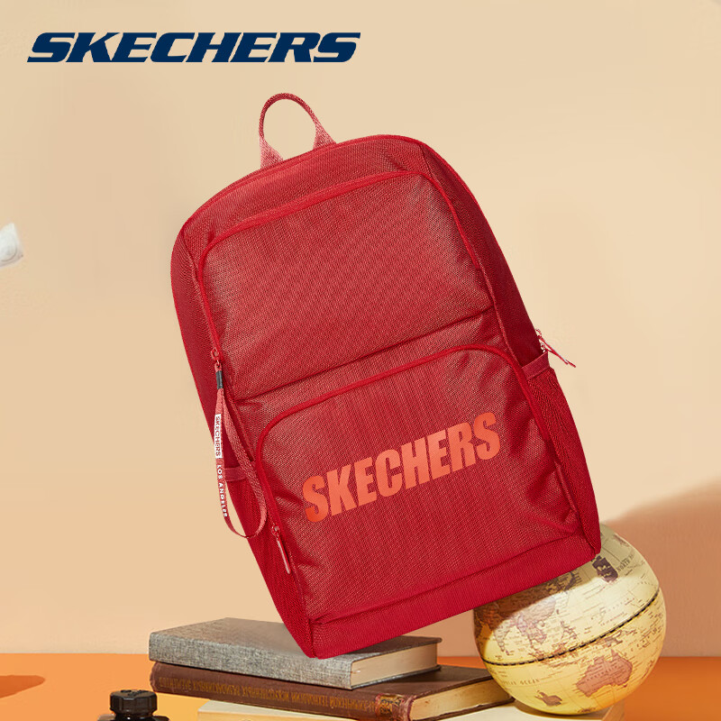 SKECHERS 斯凯奇 书包双肩包背包大容量男夏季情侣款简约大学生旅行 赛车红-0