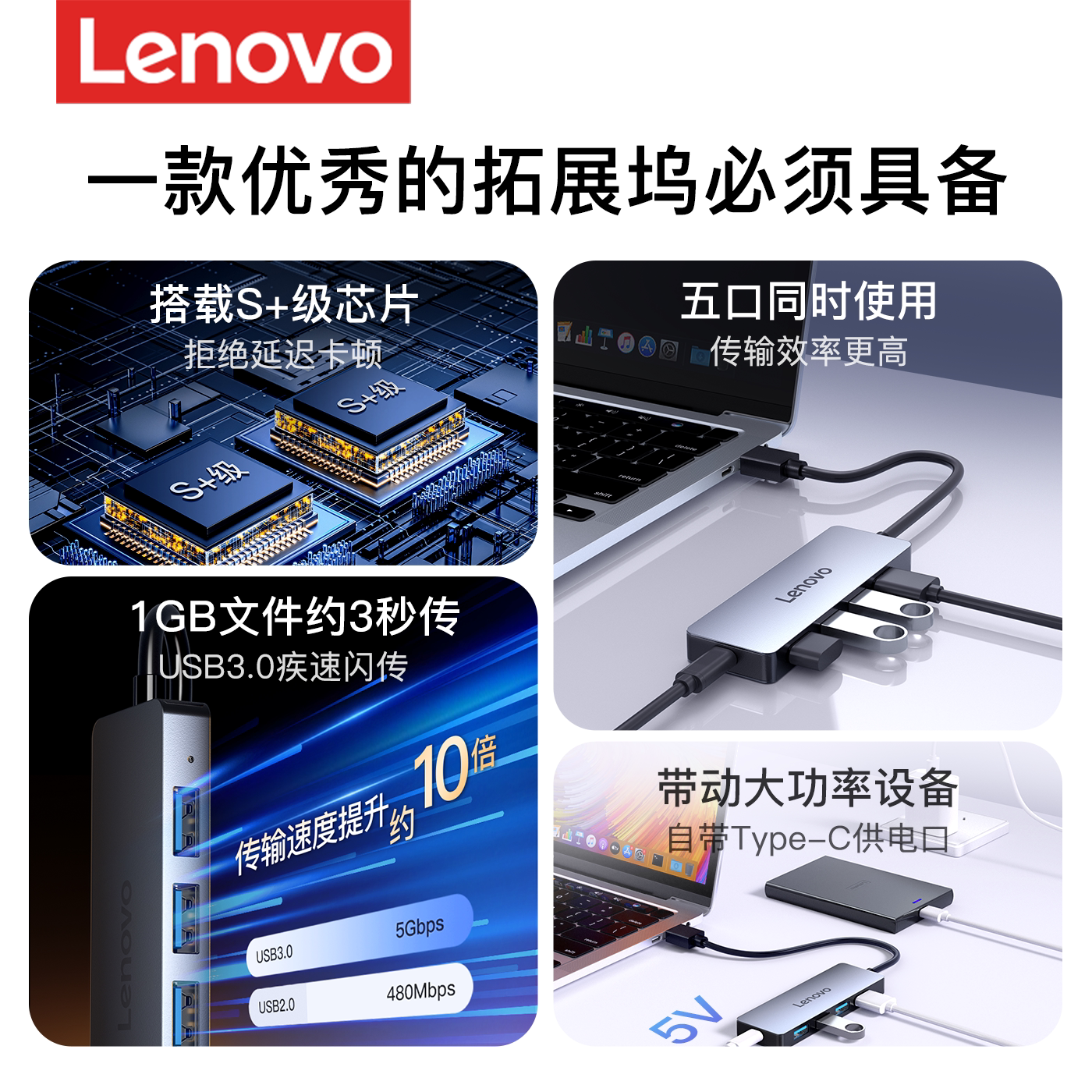 联想 USB 拓展坞 多口集分线器 Type-C 转接头 一分二 适配华为/苹果/笔记本 28.44元 - 86线报