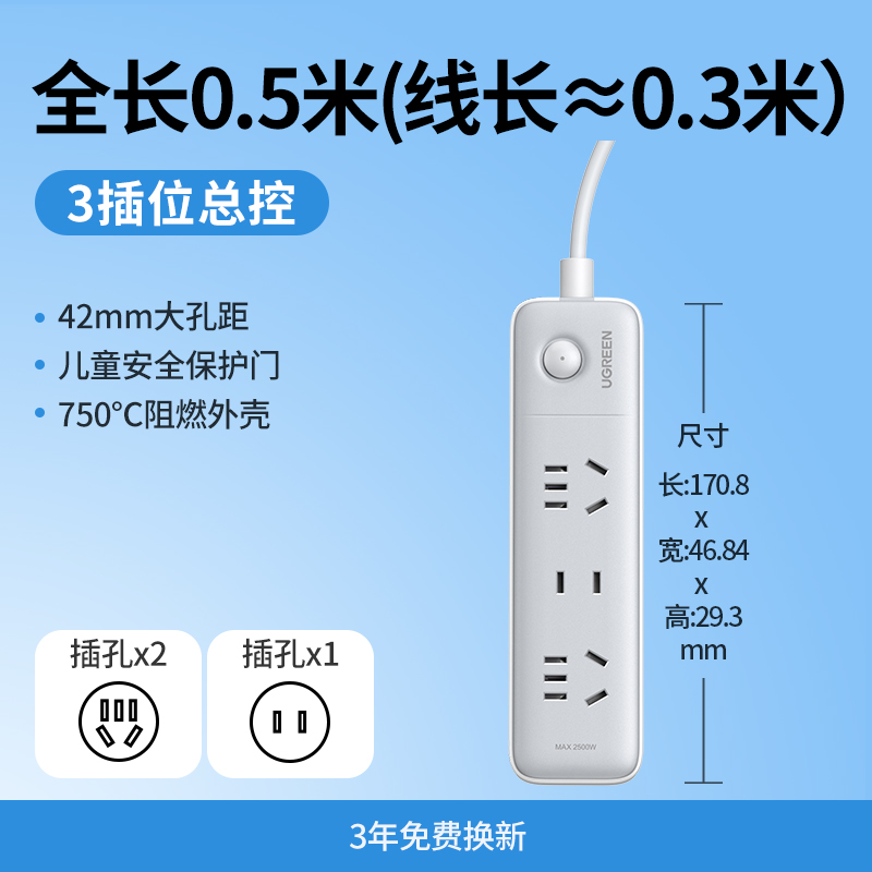 UGREEN 绿联 CD286 插座插排 0.5米 白色 15.9元（需用券）