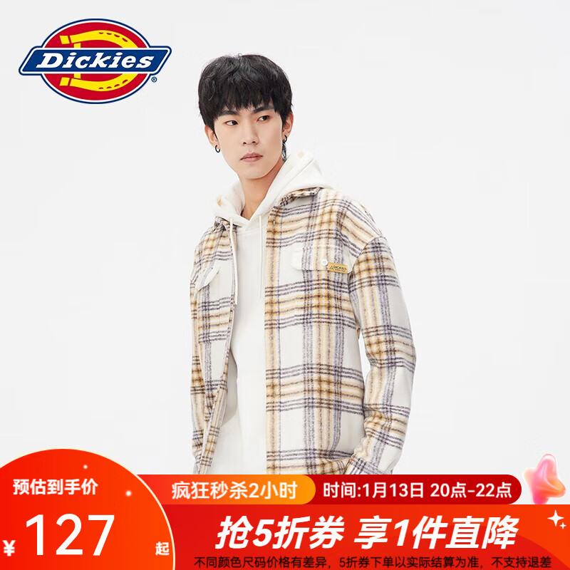 20点开始：Dickies 帝客 长袖衬衫 休闲版型厚格纹长袖衬衫 宽松上衣10971 奶油