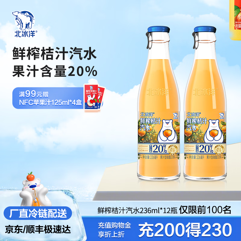 北冰洋 老北京玻璃瓶果汁碳酸饮料 北平制冰厂鲜榨桔汁汽水236ml*12瓶 39.9元
