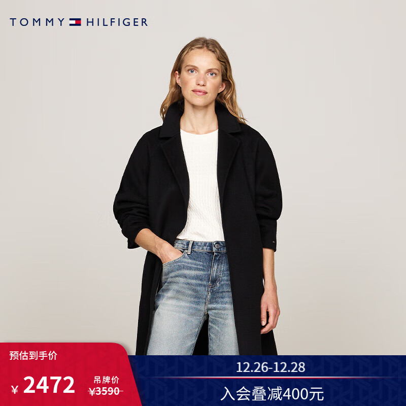 TOMMY HILFIGER 24秋冬女装羊毛混纺系带收腰毛呢大衣外套WW0WW43603 黑色BDS 34 3150