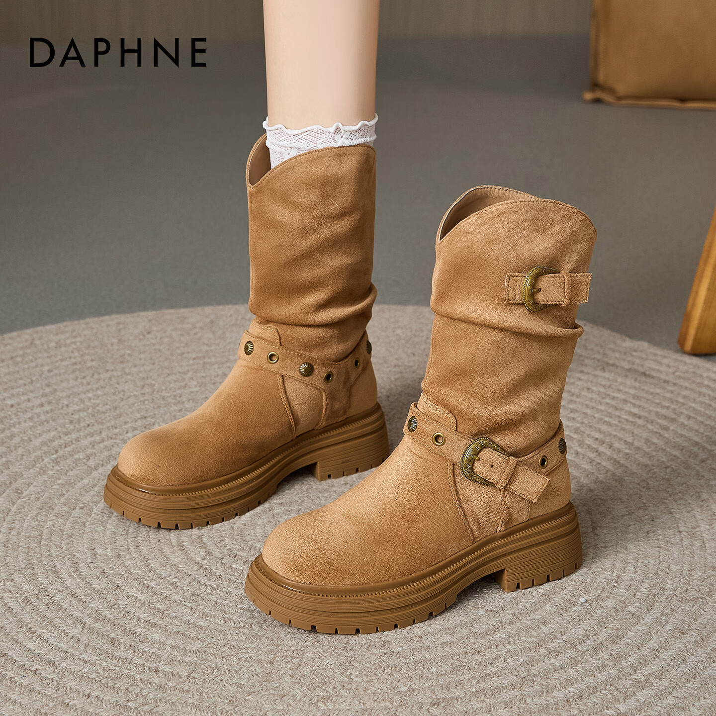 达芙妮 厚底马丁靴 百搭复古美拉德短靴 西部牛仔靴（2色任选） 82.06元（需