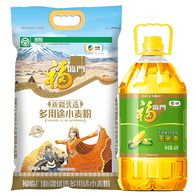 福临门 非转基因压榨玉米油4L+福临门新疆优选多用途小麦粉5kg 64.9元包邮