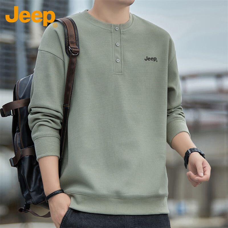 Jeep 卫衣男春秋季宽松长袖T恤男士休闲潮流衣服男装 豆绿 4XL 169元（需用券