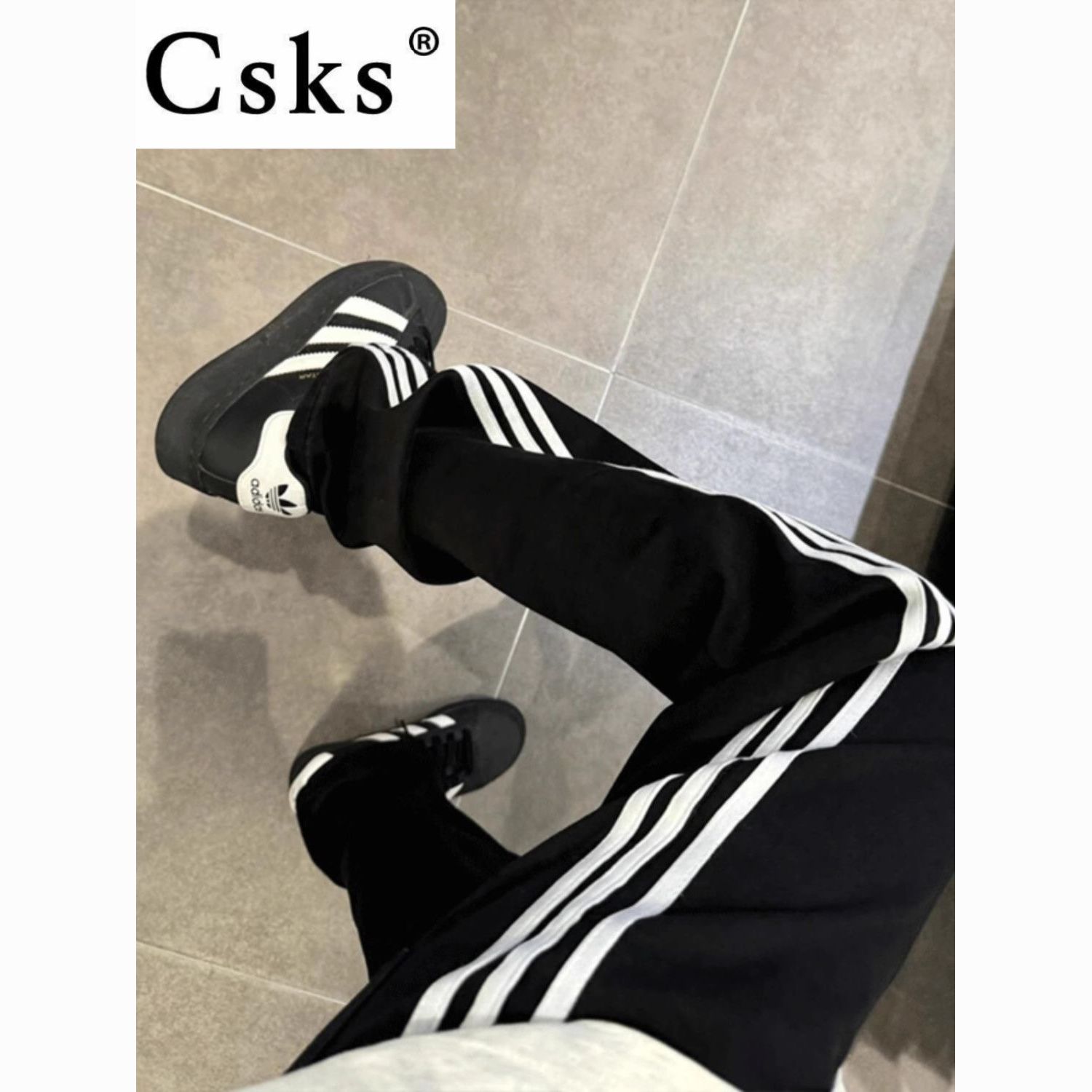 CSKS 美式潮牌新款三杠条纹裤子休闲秋季运动高街卫裤宽松直筒休闲裤 39.9元