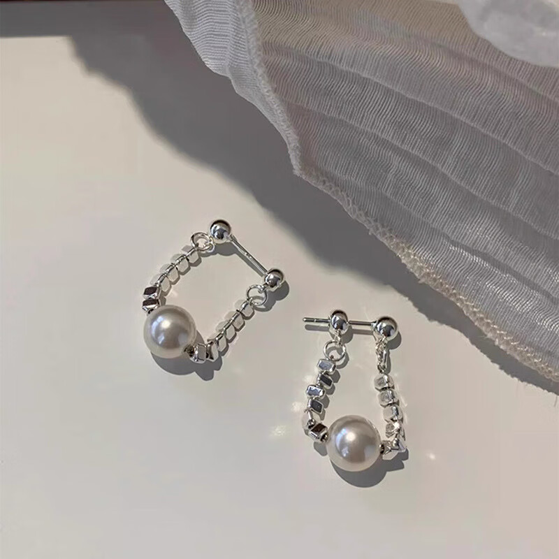 Trendolla S925银小众个性圆球珍珠耳钉几何设计碎银流苏耳环感轻奢耳饰 20.9元