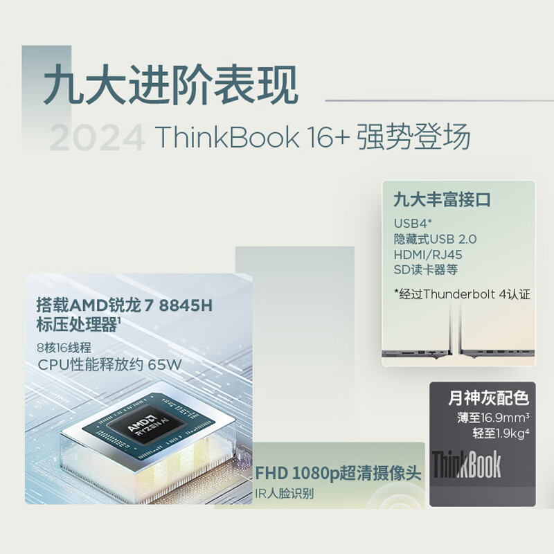 88VIP：ThinkPad 思考本 联想ThinkBook16+AMD锐龙R7-8845H轻薄2024 32g AI全能学生游戏笔