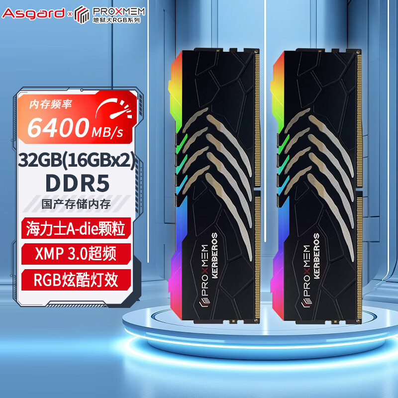 Asgard 阿斯加特 32GB(16Gx2)套装 DDR5 6400 台式机内存条 博德斯曼-地狱犬 RGB灯条 
