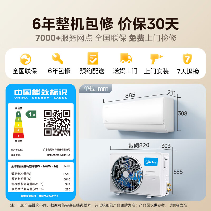 美的 酷省电系列 KFR-35GW/N8KS1-1 新一级能效 壁挂式空调 1.5匹 1512.86元