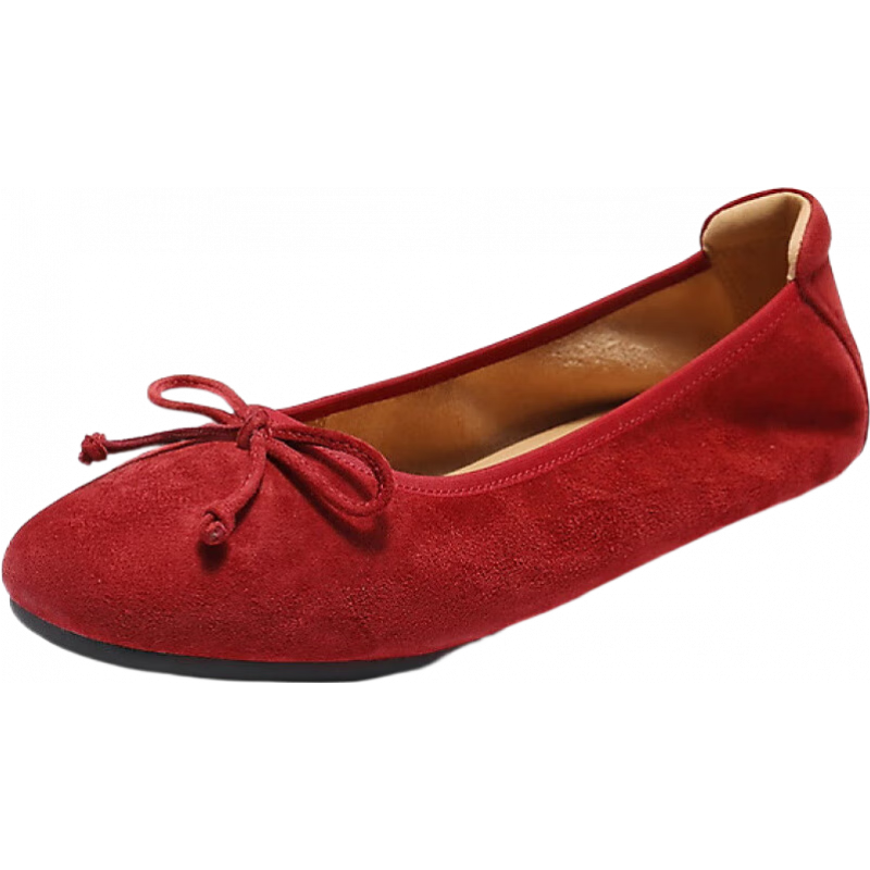 百丽 舒芙蕾绒面平跟单鞋女商场款羊皮软底便鞋E1E1DAQ6 红色 38 (240mm) 439元