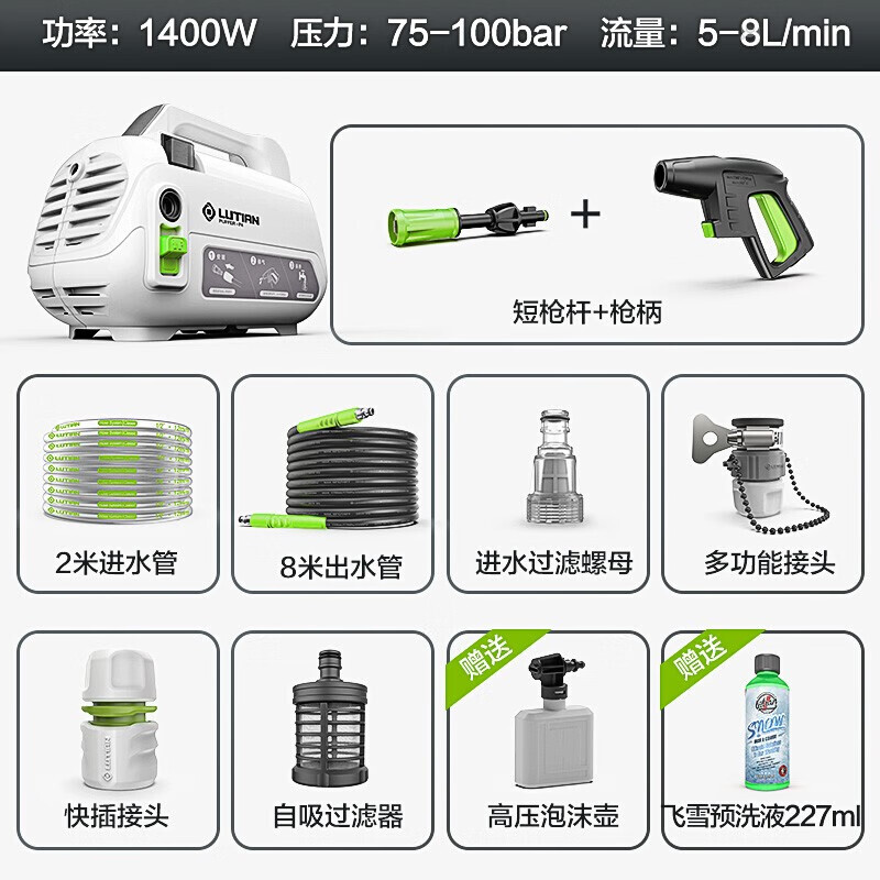 LUTIAN 绿田 高压洗车机 220V 1400W 河豚基础款- 8米出水管+洗车液+壶 129元