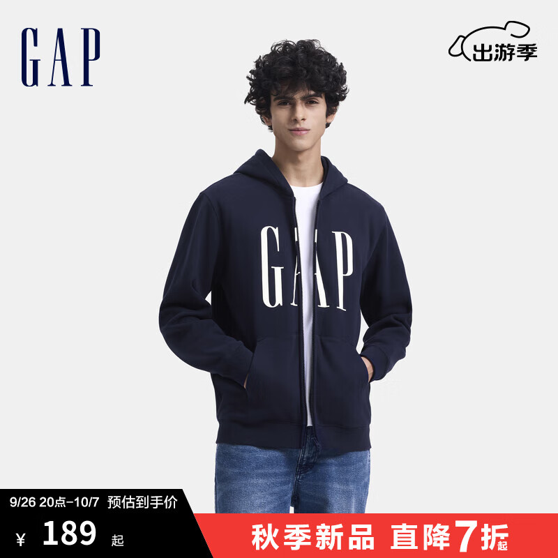 Gap男女装2024秋季新款印花字母logo抓绒连帽卫衣休闲外套660128 海军蓝 165/88A(S