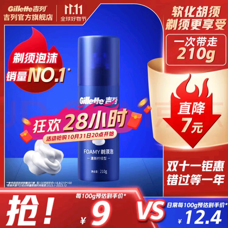 Gillette 吉列 男士FOAMY剃须泡 清新柠檬型 210g 15.46元（需买2件，需用券）