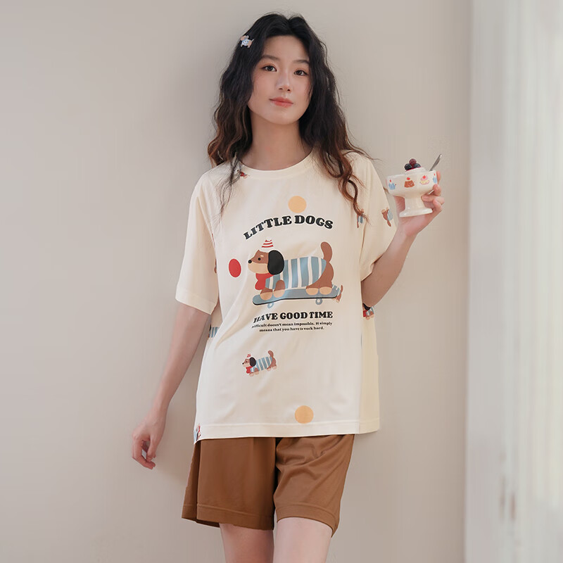 芬腾 睡衣 薄款短袖短裤甜美可爱家居服套装 FX26921556米白 L 49元（需用券）