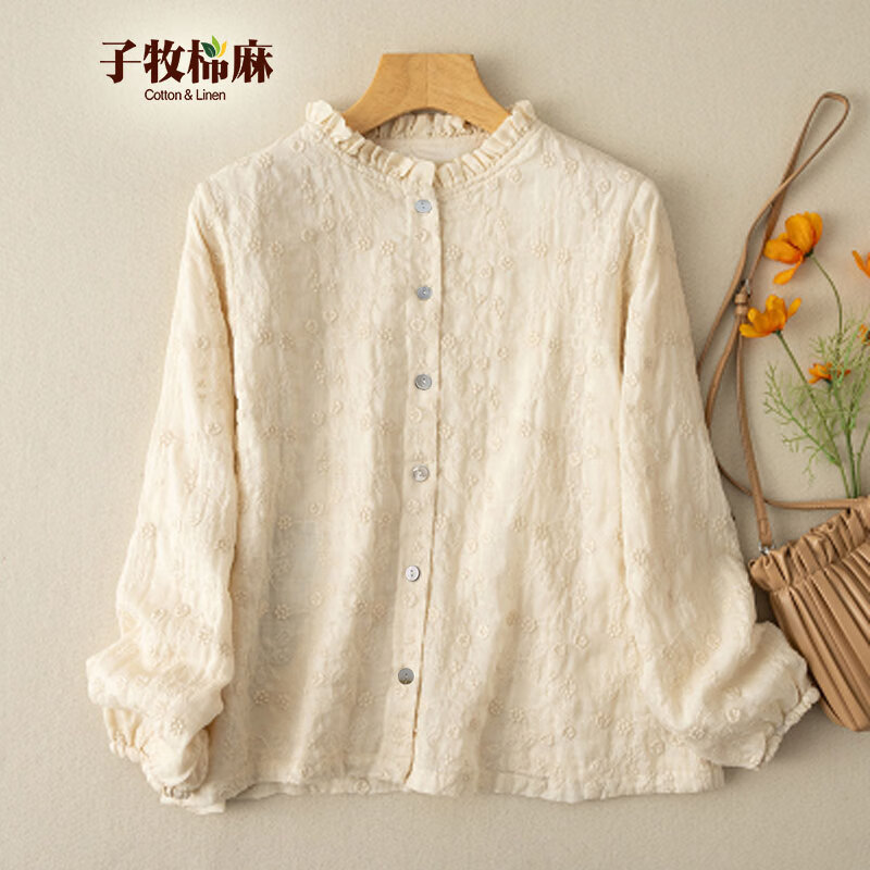 子牧棉麻 女文艺复古刺绣衬衫上衣 绣球 2XL 3475 59元（需用券）
