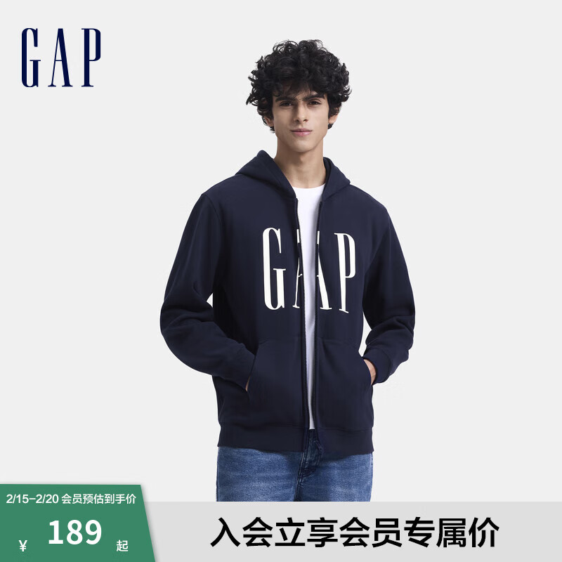 Gap 男女装2024秋季印花字母logo抓绒连帽卫衣休闲外套660128 海军蓝 180/100A(XL) 