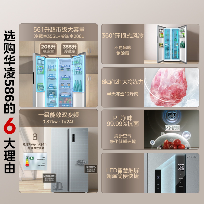 WAHIN 华凌 AHIN 华凌 对开门嵌入式一级能效节能变频冰箱 561L 1699元