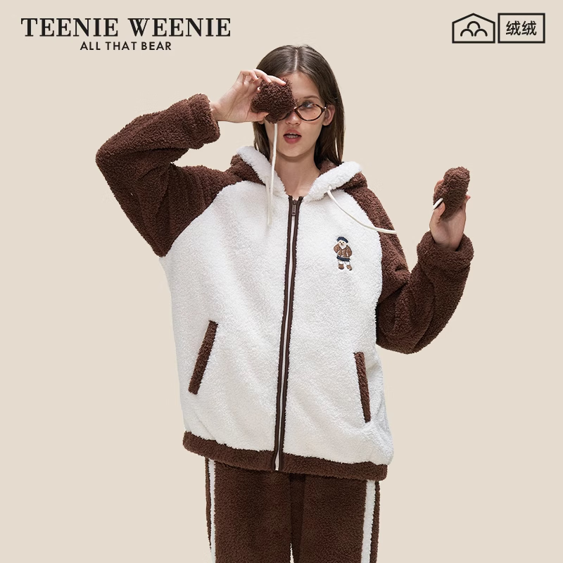 TEENIE WEENIE 小熊刺绣睡衣 女款秋冬季加厚连帽保暖家居服套装 学院咖 L 153元
