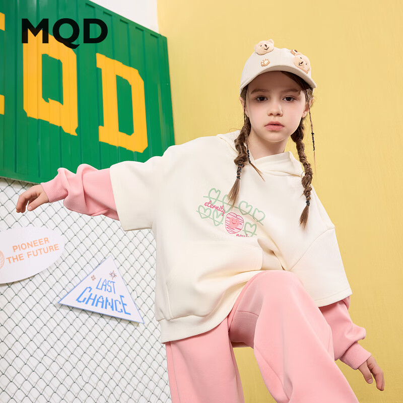 马骑顿 女童学院风25春中大童假两件连帽卫衣 米白 140 61元